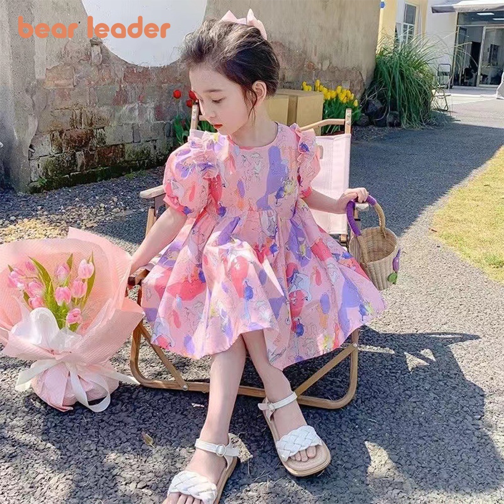 ชุดเดรสเจ้าหญิง แขนพอง พิมพ์ลายการ์ตูนสัตว์ หมี สีชมพู แฟชั่นฤดูร้อน สําหรับเด็กผู้หญิง อายุ 3-7 ปี