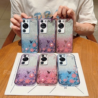 เคสโทรศัพท์มือถือ ซิลิโคนนิ่ม TPU กันกระแทก ลายดอกไม้ แต่งกลิตเตอร์ ไล่โทนสี สําหรับ Huawei P60Pro P60 Pro 4G 2023