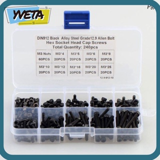 Yveta สกรูเมตริก 4-25 มม. สีดํา M3 พร้อมกล่องเก็บ 9 ขนาด 12.9 DIY 240 ชิ้น