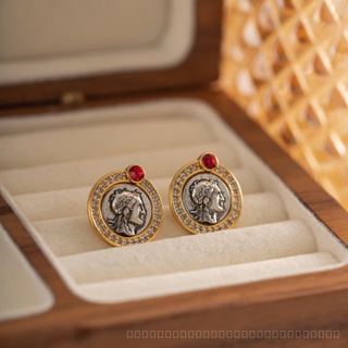 0906LSSP French Style Retro Affordable Luxury Classical Old Roman Portrait Antique Coin Earrings Female Copper Plating 18K Real Gold Earrings Female Earrings AZGF