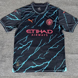 เสื้อกีฬาแขนสั้น ลายทีมฟุตบอล Manchester City Second Away 2324 ชุดเยือน สีดํา สําหรับผู้ชาย ไซซ์ S-XXL