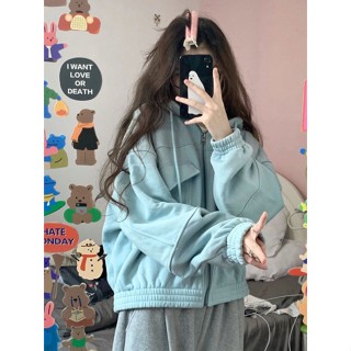 เสื้อแจ็กเก็ตกันหนาว ผ้าฟลีซ แบบหนา มีฮู้ด ทรงหลวม สีฟ้า สําหรับผู้หญิง 1FSE