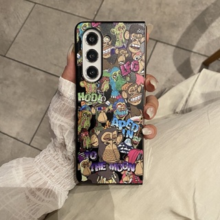 เคสโทรศัพท์มือถือ PC แบบแข็ง ลายการ์ตูนลิงน่ารัก สีดําด้าน สําหรับ Samsung Galaxy Z Fold 5 Z Fold 4 Z Fold 3