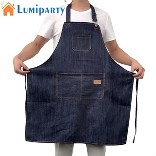 Lumiparty ผ้ากันเปื้อนยีน คล้องคอ ปรับได้ สะดวก กระเป๋าด้านหน้า พับได้ นุ่ม ทนต่อการสึกหรอ หลวม สําหรับ