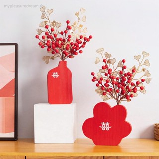 New Year Red Fruit Decoration With Solid Red Double Happiness Vase Simulation Holly Fruit Decoration Imitation Rich Fruit Tree Home Decoration Ornaments