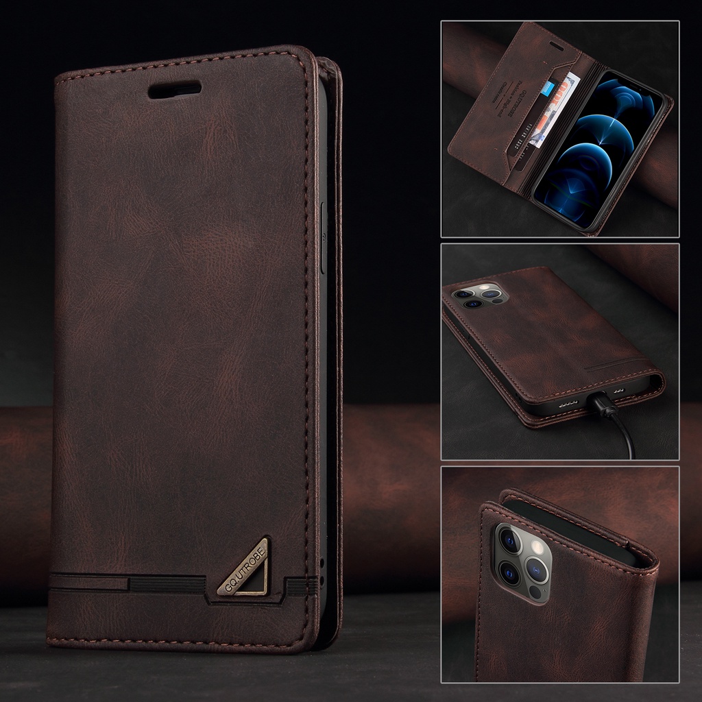 เคส Case for iPhone 16 15 14 Plus 11 Pro Max ไอโฟน 12 13 Mini X XS XR เคสฝาพับ เคสเปิดปิด โทรศัพท์หนัง TPU นิ่ม ฝาพับแม่เหล็ก พร้อมช่องใส่บัตร สไตล์เรโทร สําหรับ Metal Logo Leather Case Flip Cover Magnetic Wallet ฝาพับหนัง