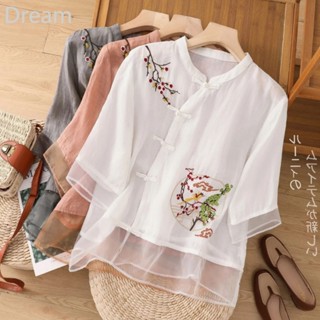 Retro thin embroidered high-end small shirt ethnic style summer loose stand collar mom top shirt imitation cotton and linen