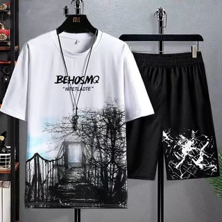 เสื้อยืดแขนสั้นลําลองผู้ชายและกางเกงขาสั้นหลวม