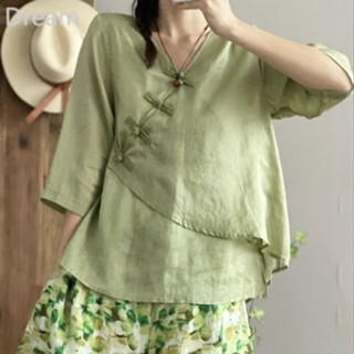 Retro Chinese style crossbody buckle open buckle shirt all-match linen shirt Womens Zen shirt