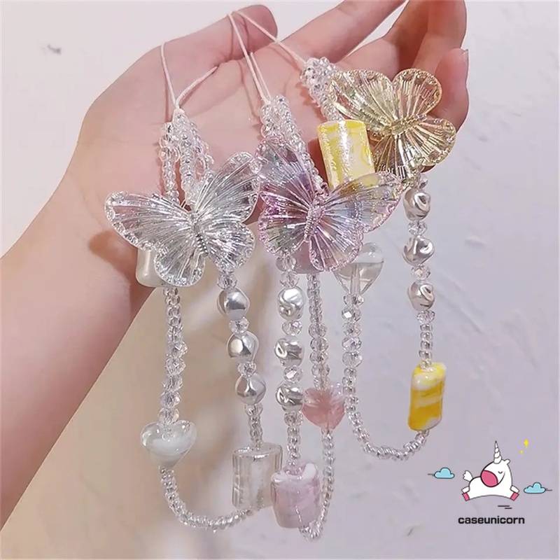 Dreamy คริสตัลผีเสื้อดอกไม้โปร่งใสลูกปัดพวงกุญแจ Lanyard Chain ลูกปัด INS สร้อยข้อมือเกาหลี Macaron สีลูกกวาด Universal Chain โทรศัพท์เชือกสายคล้องอุปกรณ์เสริมสายคล้องมือ