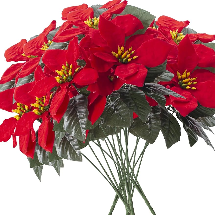 คริสมาสต์ ของตกแต่งคริสมาสต์ Poinsettias ช่อดอกไม้ประดิษฐ์ ผ้ากํามะหยี่ สีแดง 5 หัว 15.7 นิ้ว สําหรับตกแต่งบ้าน สวน ต้นคริสต์มาส วันหยุด ฤดูหนาว กลางแจ้ง