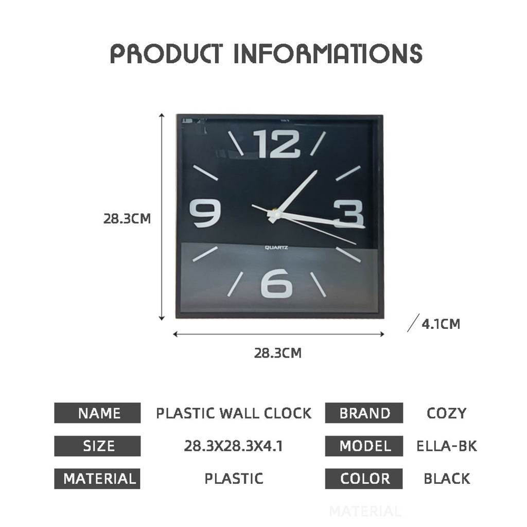 GlobalHouse COZY นาฬิกาแขวนทรงเหลี่ยม รุ่น ELLA-BK ขนาด28.3x28.3x4.1ซม. สีดำ สินค้าของแท้คุณภาพดี - รูปที่ 6