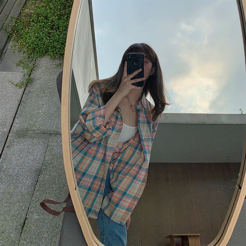 Shayne เสื้อเชิ้ตลายสก๊อต สไตล์สบาย ๆ หลวม ๆ เสื้อเวอร์ชั่นเกาหลี