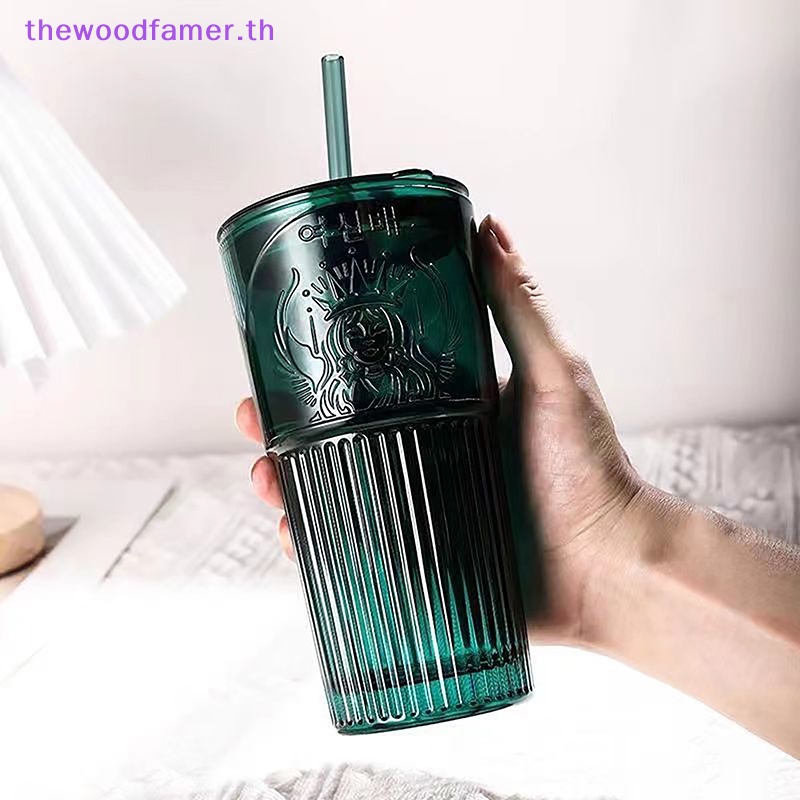ถ้วยกาแฟขนาดใหญ่ จุน้ําได้เยอะ พร้อมฝาปิด และหลอด 600 มล. สีเขียวเข้ม