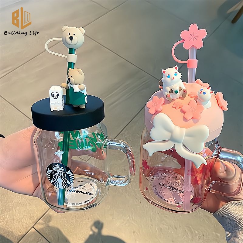 Starbucks แก้วน้ําใส ลายแมวน่ารัก ทนความร้อน ความจุขนาดใหญ่ พร้อมหูจับ สีชมพู