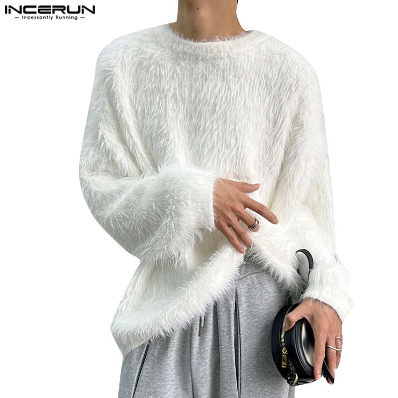Incerun เสื้อสวมหัว คอกลม แขนยาว ทรงหลวม สีพื้น สไตล์เกาหลี สําหรับผู้ชาย