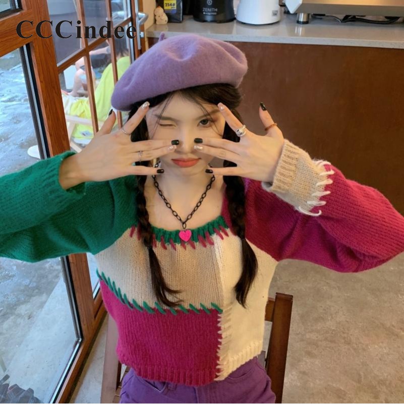 Cccindee เสื้อกันหนาว คอสี่เหลี่ยม แขนกุด ทรงหลวม สีตัดกัน แฟชั่นใหม่ สําหรับผู้หญิง 2023
