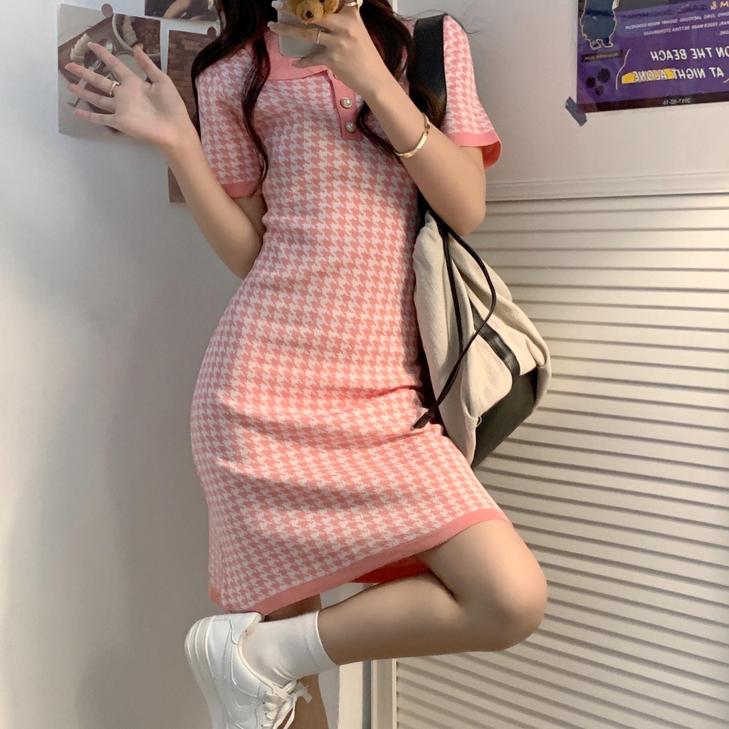 CF0669 เดรสไหมพรมคอปก เดรสสั้นแขนสั้น #51027