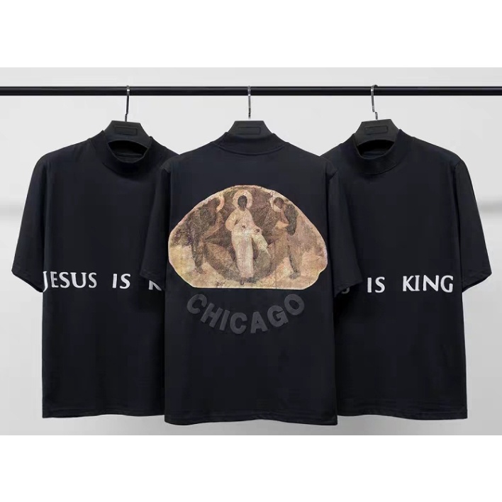 พร้อมส่ง เสื้อยืดแขนสั้นลําลอง ทรงหลวม พิมพ์ลายภาพวาดสีน้ํามัน รูปเทพเจ้า สีฟ้า สําหรับผู้ชาย และผู้หญิง