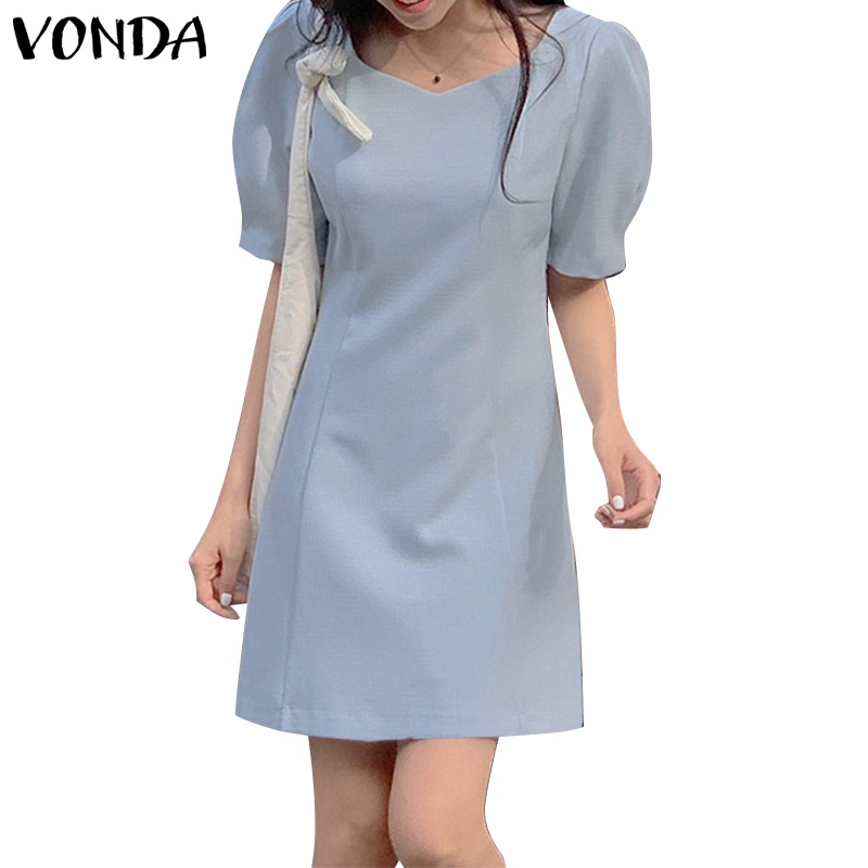 Vonda ชุดเดรส คอสี่เหลี่ยม แขนพัฟ สีพื้น สไตล์เกาหลี สําหรับผู้หญิง