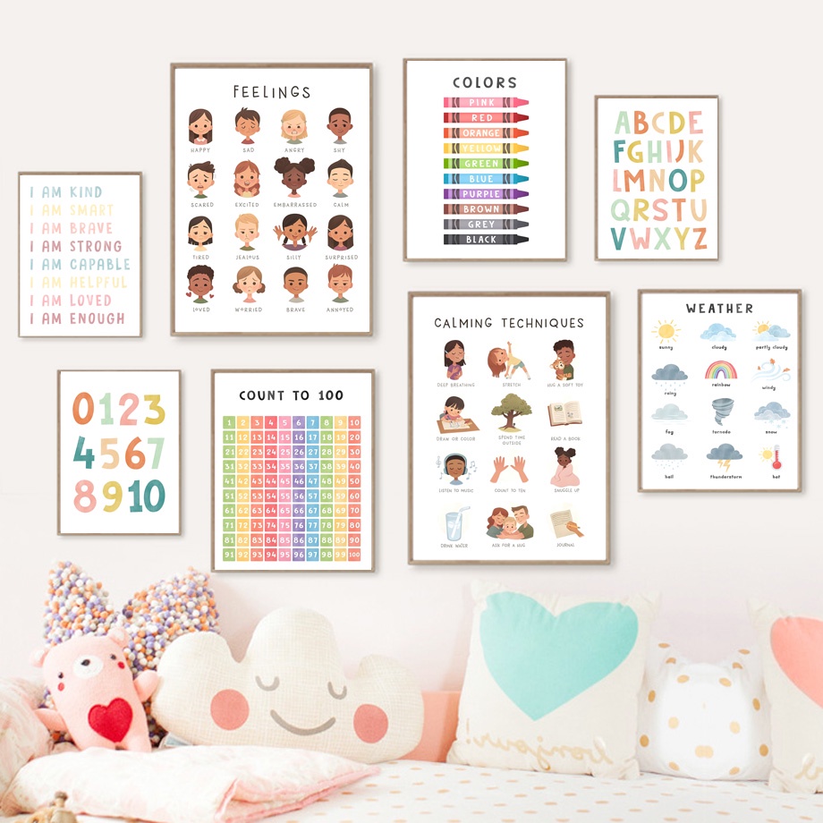 โปสเตอร์ภาพวาดผ้าใบ ลาย Montessori สไตล์นอร์ดิก สําหรับตกแต่งผนังห้องเด็ก