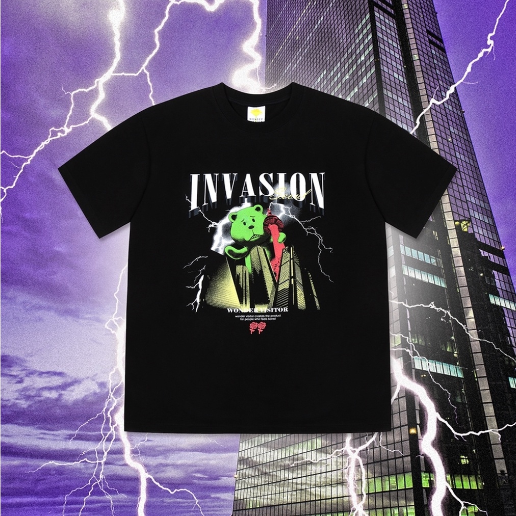 ดีมาก เสื้อยืดใหม่ALAND เสื้อยืด WONDER VISITOR INVASION SEOUL T SHIRTS สีดำS-3XL