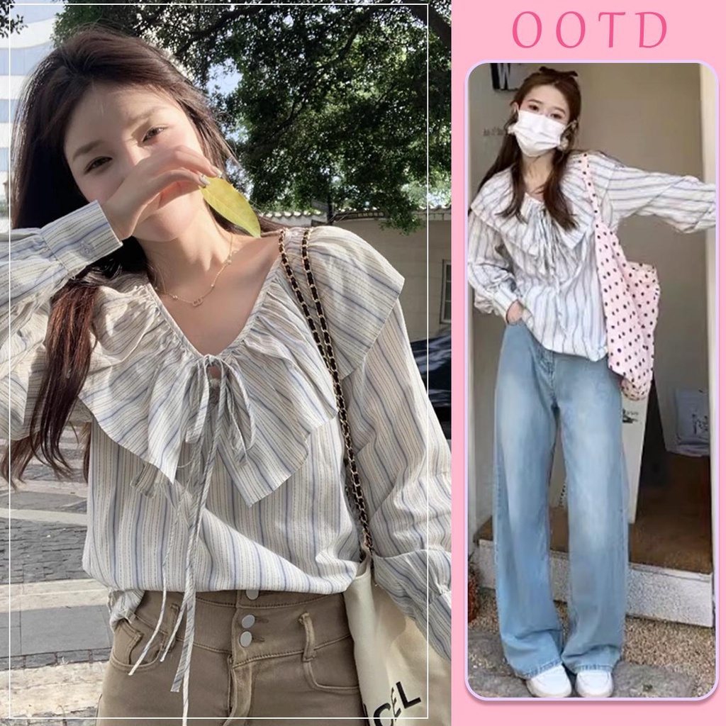mimi&didi เสื้อแขนยาวผู้หญิง คอวี แฟชั่น น่ารักเสื้อเชิ้ตลายทางสีน้ำเงินและสีขาวของญี่ปุ่น#W277