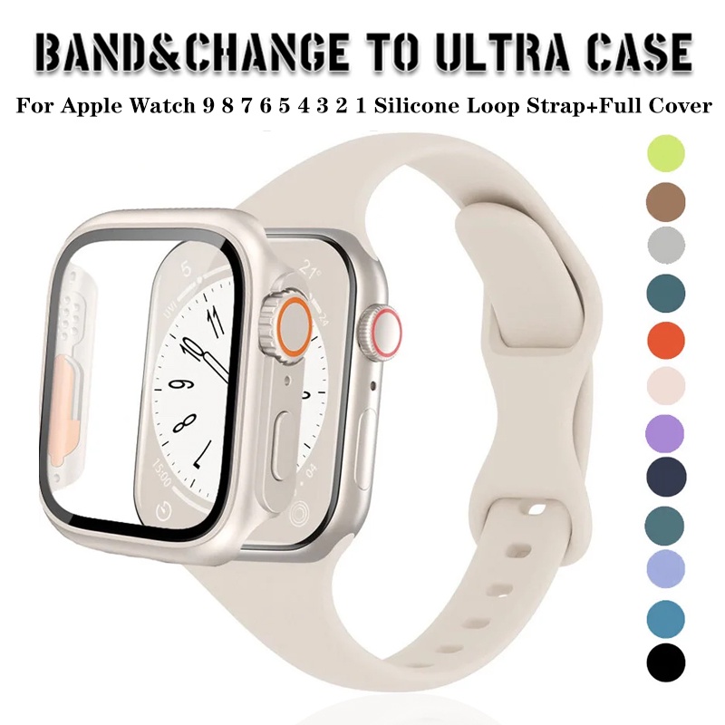 สายนาฬิกาข้อมือซิลิโคน แบบยืดหยุ่น พร้อมเคส สําหรับ Apple Watch 45 มม. 44 มม. 40 มม. 41 มม. 38 มม. 42 มม. iWatch series 5 4 3 SE 6 7 8 9