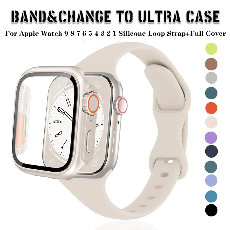 สายนาฬิกาข้อมือซิลิโคน แบบยืดหยุ่น พร้อมเคส สําหรับ Apple Watch 45/44/40/41 มม. 38 มม. 42 มม. iWatch series 5 4 3 SE 6 7 8 9