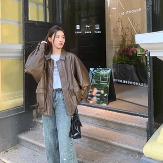 (จัดส่งจากกรุงเทพฯ) ฤดูใบไม้ร่วงรูปแบบใหม่ เสื้อผ้าผู้หญิงสไตล์เกาหลี อเมริกันหลวม แจ็คเก็ตหนังมีสไตล์（Q173）