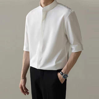 เสื้อเชิ้ตลําลอง คอตั้ง เข้ารูป แฟชั่นฤดูร้อน สําหรับผู้ชาย
