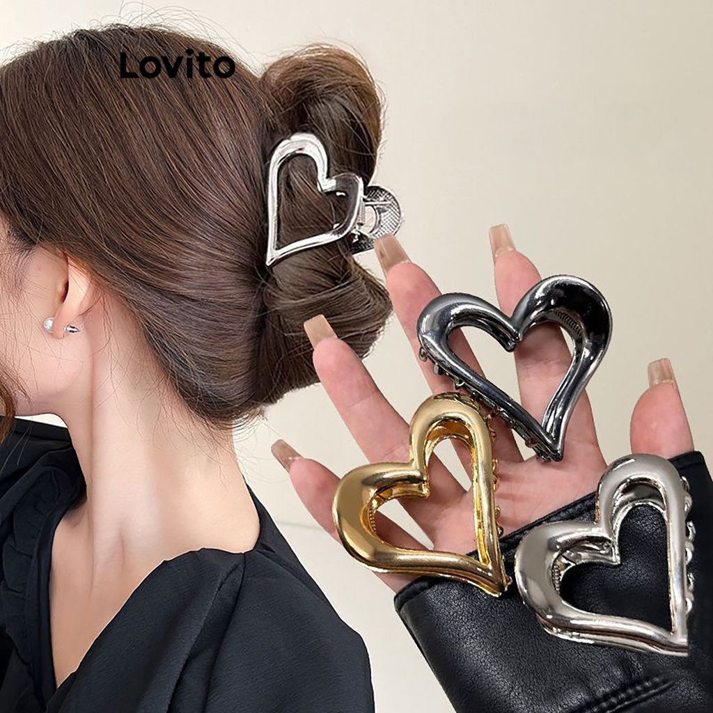Lovito คลิปหนีบผมโลหะ รูปหัวใจ สไตล์ลำลอง สำหรับผู้หญิง LFA08508 (สีทอง / สีเงิน / สีดำ)