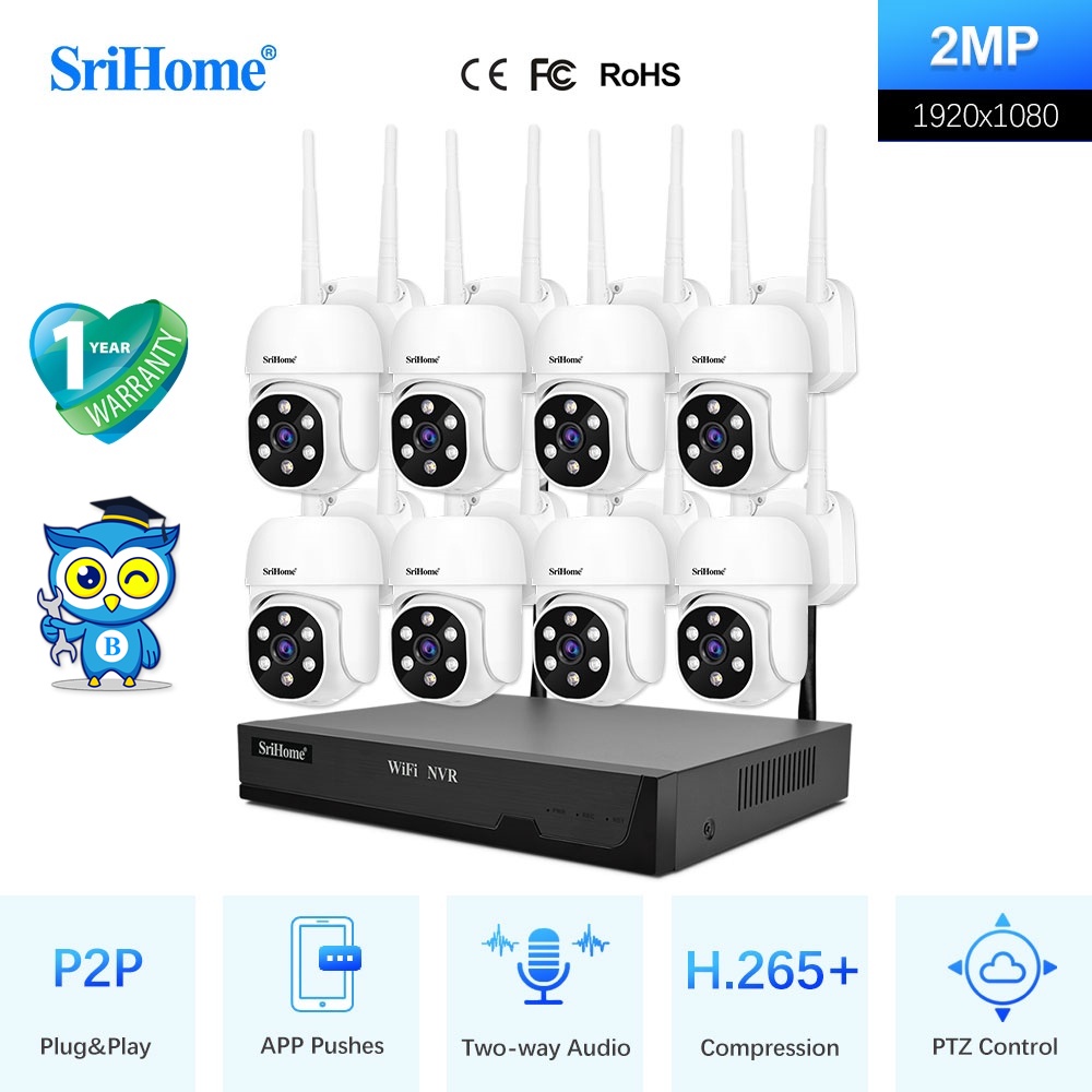 SriHome 8CH ( NVS001-IPC030 X4 X8 )NVR WiFi ระบบรักษาความปลอดภัยไร้สายชุด 8 ชิ้นกล้อง PTZ WiFi บันทึกวิดีโอ ติดตั้งง่าย
