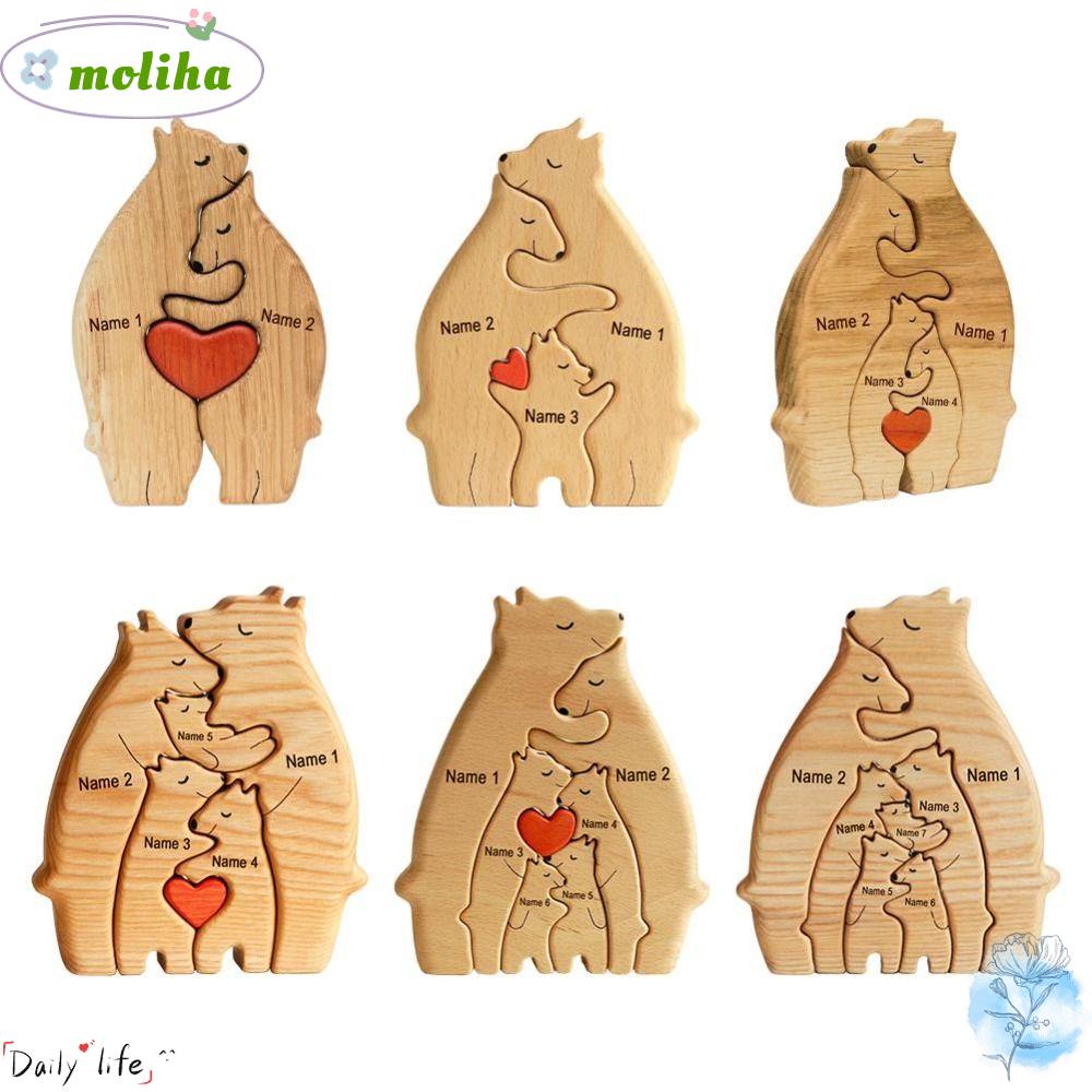 Moliha ฟิกเกอร์ไม้ รูปปั้นครอบครัวหมีน่ารัก แฮนด์เมด สําหรับตกแต่งบ้าน โต๊ะ DIY