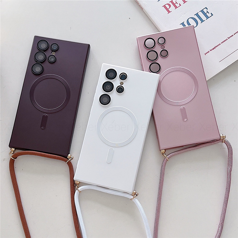 เคสโทรศัพท์มือถือ ผิวด้าน พร้อมสายคล้องคอ แม่เหล็ก สําหรับ Samsung S24 S23 S22 S21 S20 Ultra Plus S2