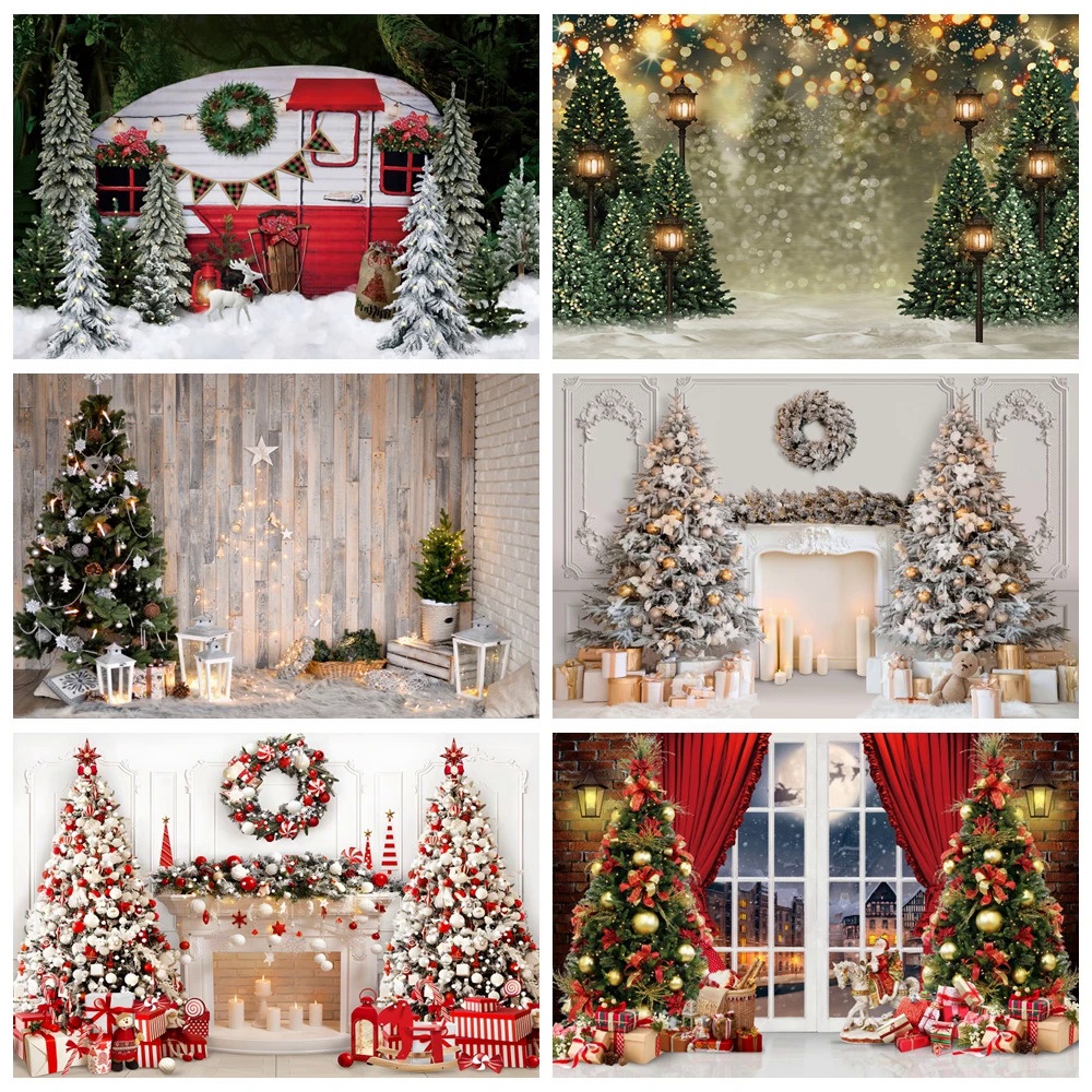 Christmas Photography Backdrops Winter Snow Window Fireplace Xmas Tree Bear Gifts Family Party Portrait Photo Background