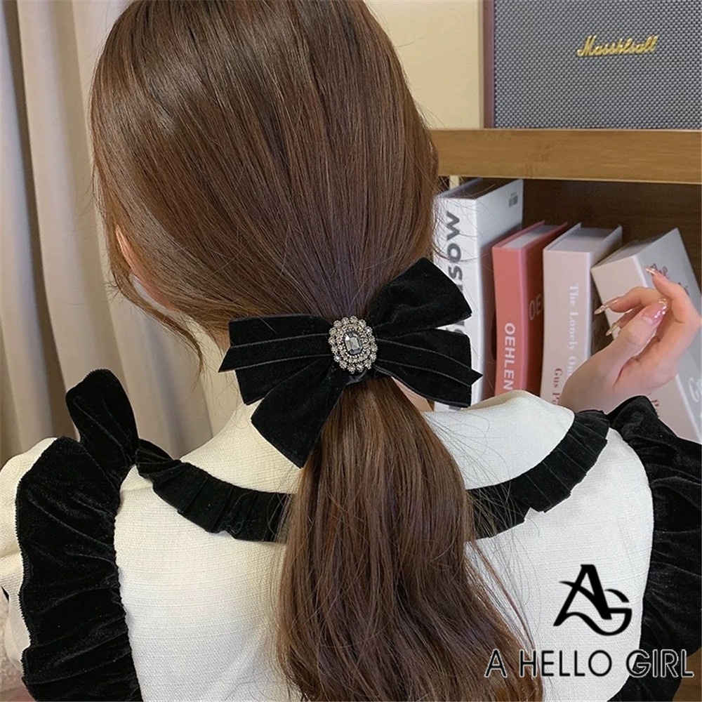 A HELLO GIRL ยางรัดผม ผ้ากํามะหยี่ ประดับโบว์ ขนาดใหญ่ สไตล์เกาหลี สําหรับผู้หญิง