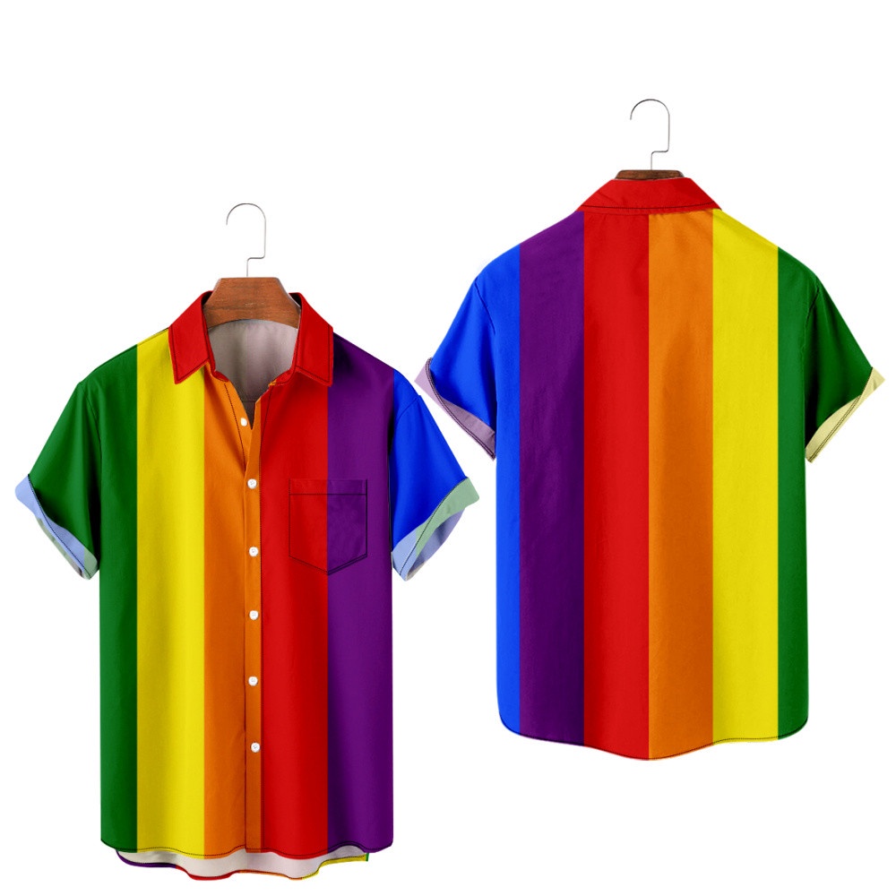 เสื้อเชิ้ตแขนสั้น แต่งกระเป๋า พิมพ์ลาย LGBT Love Lesbian Rainbow สําหรับผู้ชาย และผู้หญิง