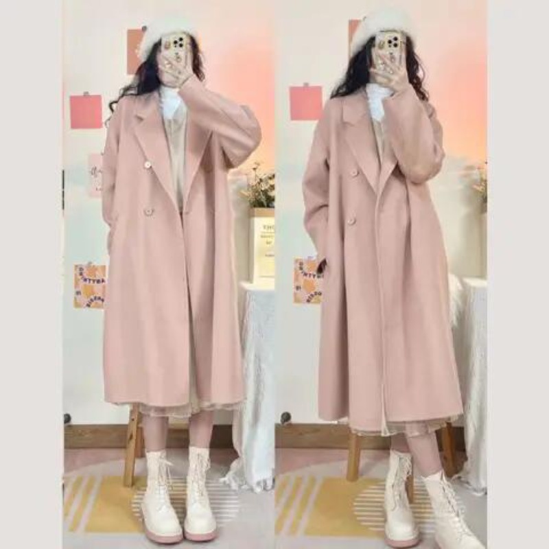 เสื้อโค้ท ผ้าวูล ทรงหลวม แนวตรง สีชมพู แฟชั่นฤดูใบไม้ร่วง และฤดูหนาว สไตล์เกาหลี สําหรับผู้หญิง