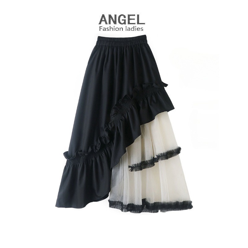 [4 สี] ANGEL แฟชั่นผู้หญิง midi กระโปรงตาข่ายเย็บปะติดปะต่อกันสีทึบเกาหลียืดหยุ่นเอวสูง A-line สีดําบางสวิงขนาดใหญ่ Tutu Tulle กระโปรงยาวเค้กสําหรับผู้หญิง