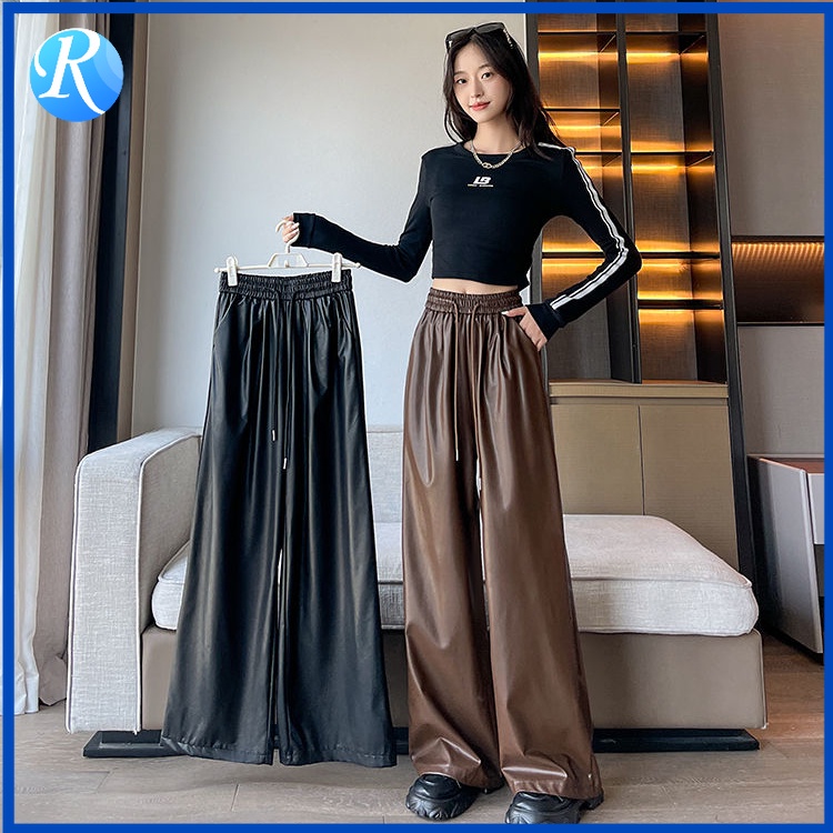 กางเกงหนัง PU ขายาว เอวสูง ทรงตรง ทรงหลวม แบบผูกเชือก ให้ความอบอุ่น แฟชั่นฤดูใบไม้ร่วง และฤดูหนาว สําหรับสตรี
