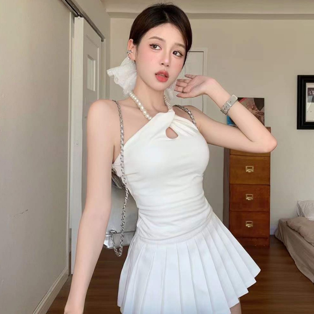 เสื้อเกาะอกคล้องคอแต่วลูกปัดไข่มุกน่ารักมากสีพื้นสไตล์เกาหลี