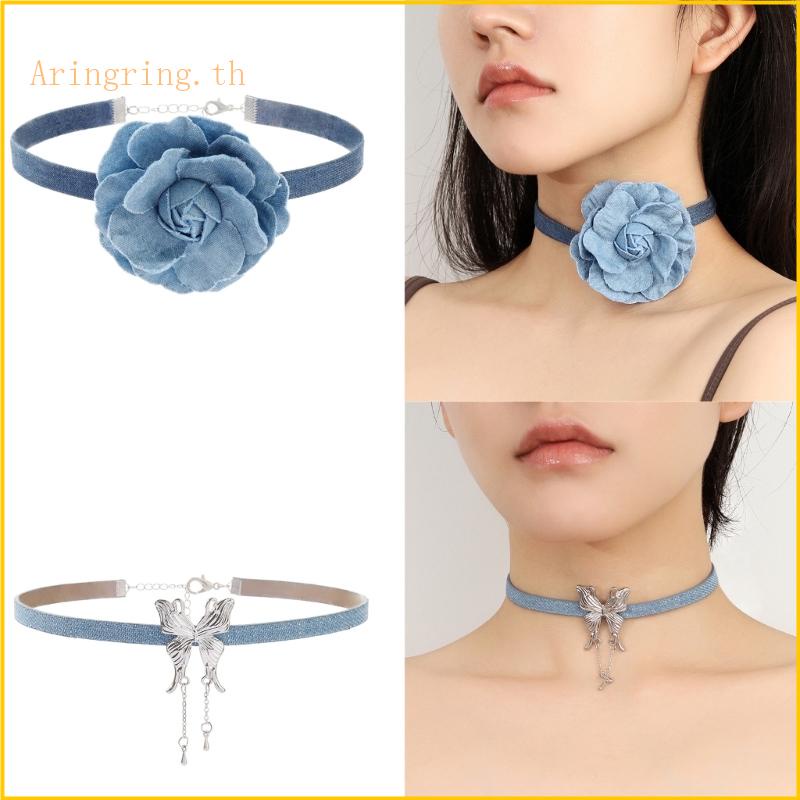 Arin สร้อยคอโชคเกอร์ จี้รูปดอกกุหลาบ ผีเสื้อ สีฟ้า แฟชั่นสําหรับผู้หญิง