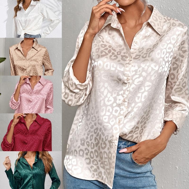 KOKO#เสื้อเชิ้ตผู้หญิง ผ้าซาติน หลากสี พิมพ์ลายเสือดาว เสื้อคลุมกันแดดแขนยาวผ้าซาตินลายดอกไม้สามมิติ#99029