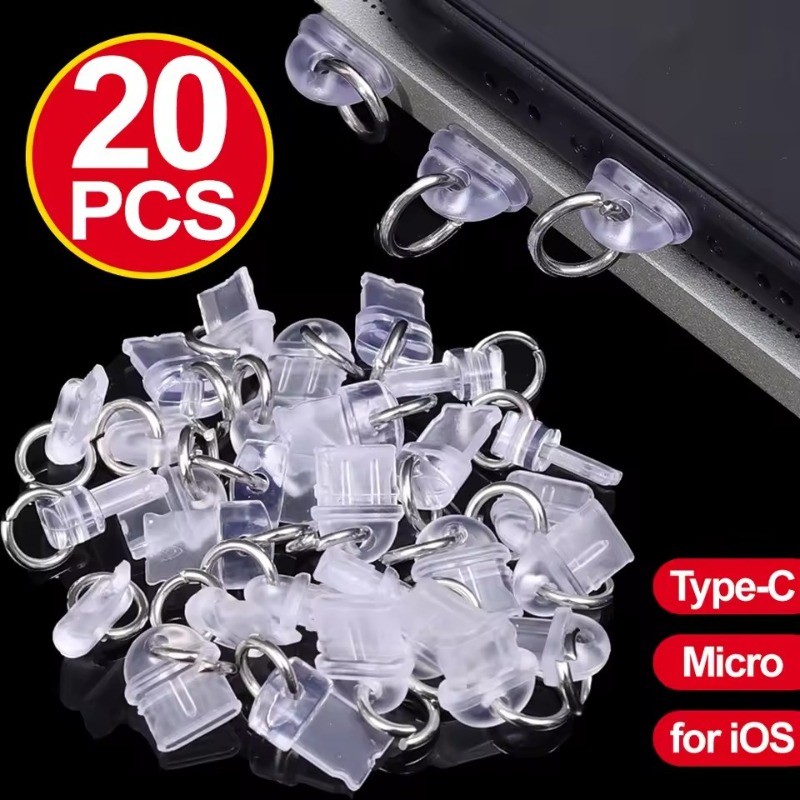 20 ชิ้นโปร่งใส DIY ซิลิโคนปลั๊กฝุ่น - หมวกป้องกันฝุ่น - พอร์ตชาร์จ Dustplugs ป้องกัน - สําหรับ Micro USB/Type C พอร์ตป้องกัน - จี้โทรศัพท์มือถือ