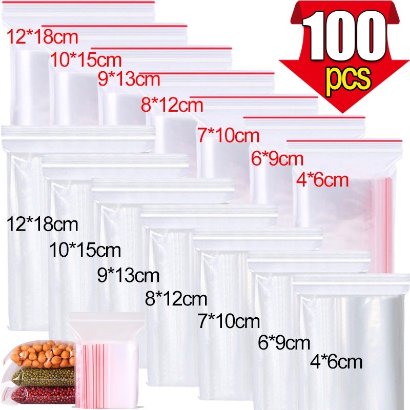 ถุงซีลซิปพลาสติก 100 ชิ้น / ถุงปิดผนึกซิปล็อคหนา / ถุงเก็บอาหารเครื่องประดับใส