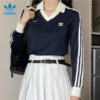 【พร้อมส่ง】ของแท้ Adidas Originals x Sporty&amp;Rich เสื้อโปโลแขนยาว เปิดไหล่ บล็อกสี สําหรับผู้หญิง 100%