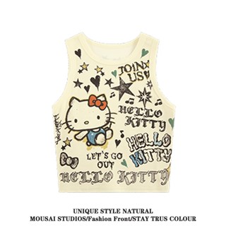 เสื้อครอปท็อป แบบนิ่ม พิมพ์ลาย Hello Kitty แฟชั่นฤดูใบไม้ผลิ และฤดูร้อน สําหรับผู้หญิง