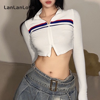 Lanlanlolo เสื้อยืดแขนยาว คอกลม เข้ารูป แต่งซิป สีคอนทราสต์ สไตล์สปอร์ต แฟชั่นสําหรับสตรี 2023