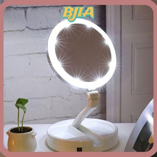 Bja กระจกแต่งหน้า แบบพับได้ แบบพกพา ขนาดกะทัดรัด เชื่อมต่อ Micro USB ไฟ LED สําหรับใบหน้า ริมฝีปาก